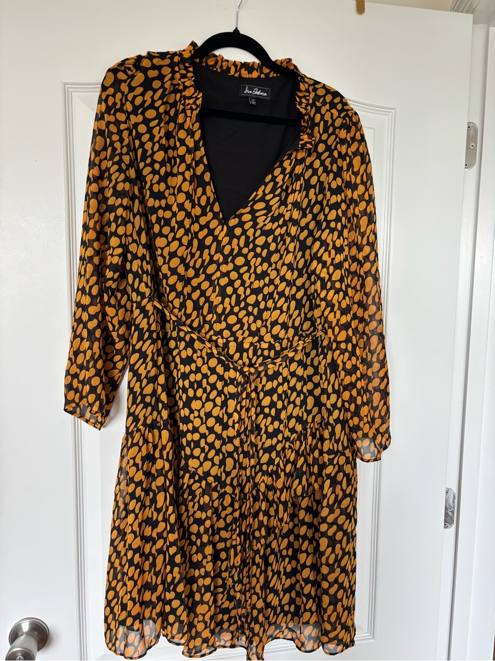 Sam Edelman Black and Mustard Dot Long Sleeve Wrap Dress